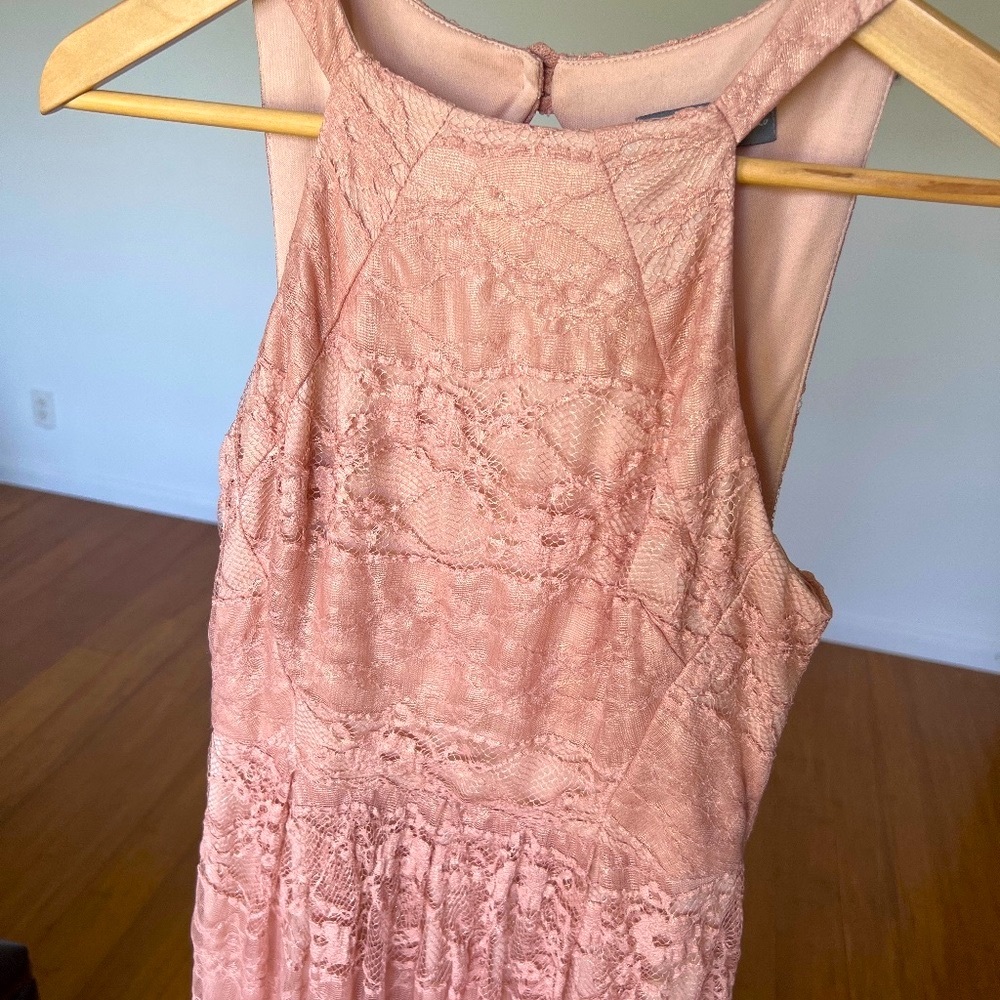 Eva Franco Anthropologie gold shimmer pink lace midi dress